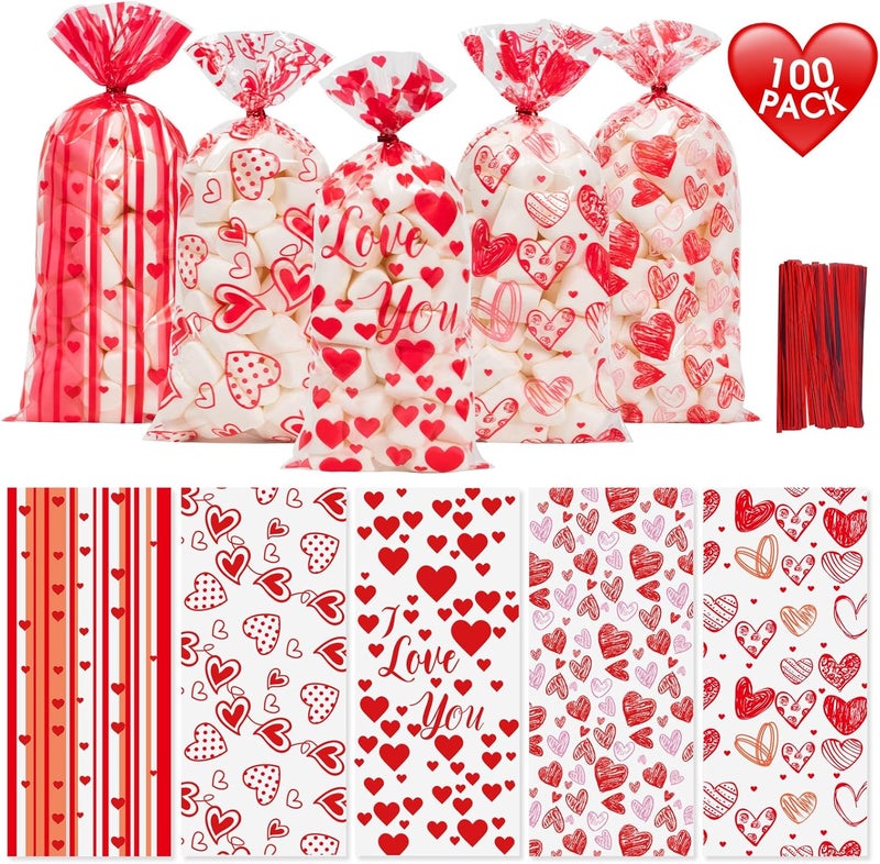 Litmitfu 100 Pcs Valentine Treat Bags - Red Heart Cellophane Goodie Bags, Clear Plastic Happy Valentine's Day Cello Candy Gift Bag With Twist Ties for Wedding Anniversary Party Favors Supplies - Image 1